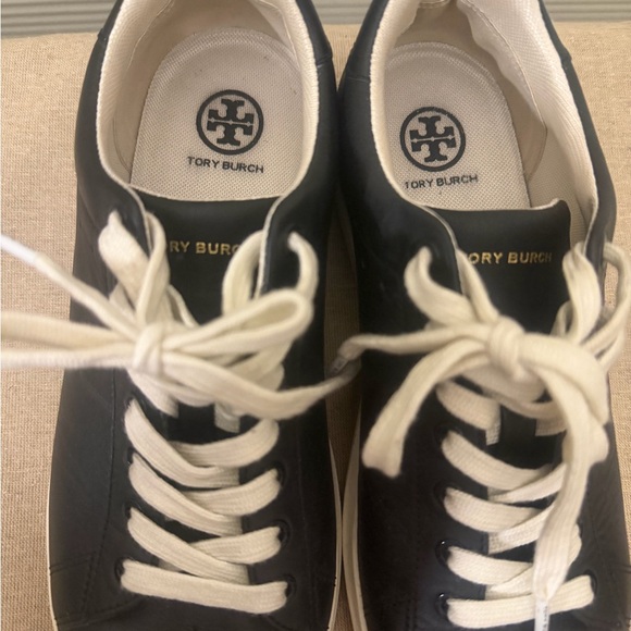 Tory Burch Black Leather Sneakers with Cream Laces - Picture 2 of 5